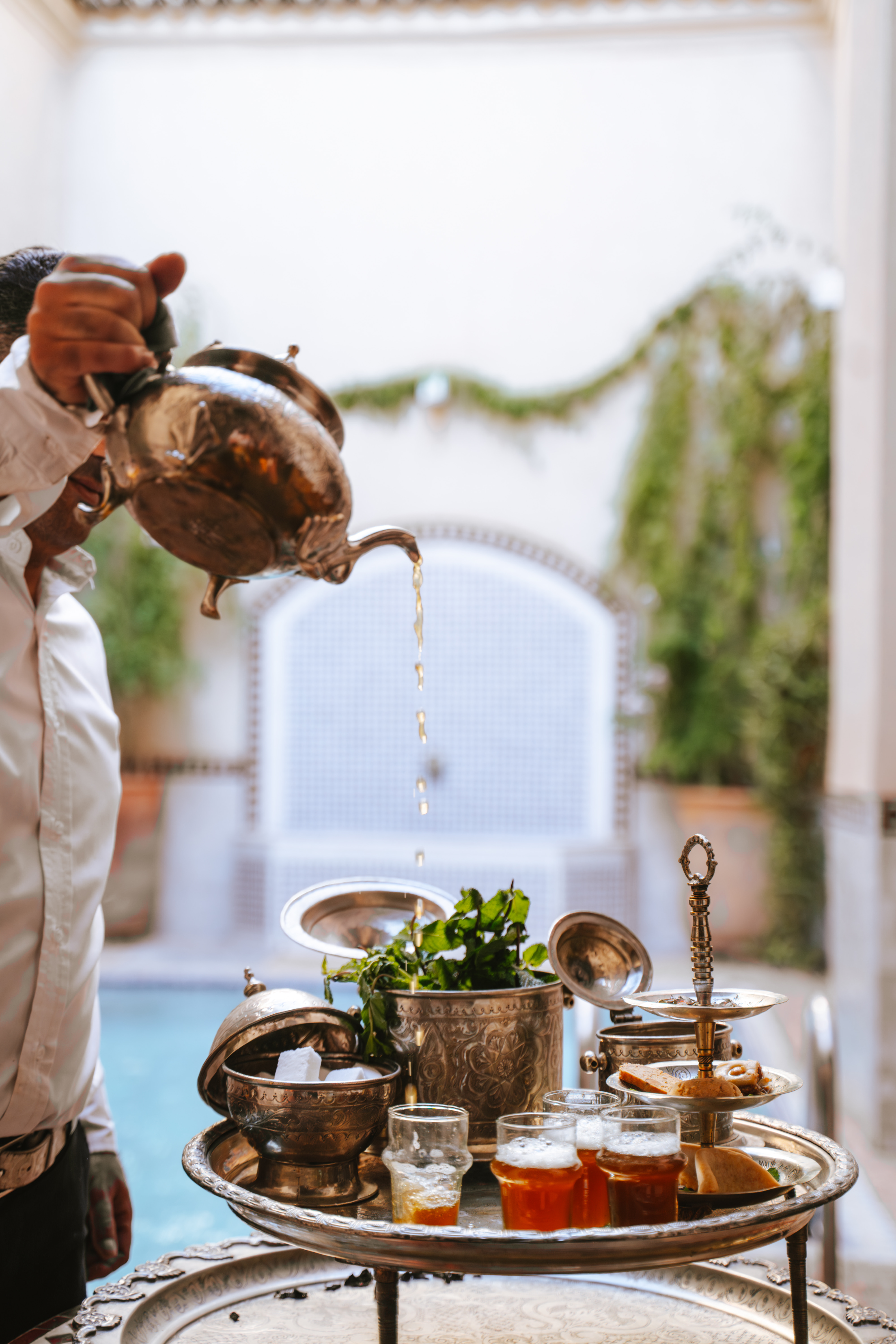 Serving Moroccan Mint Tea at a Restaurant in Marrakech, Morocco